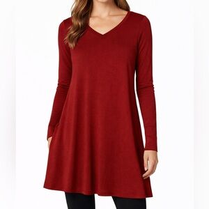 LuLaRoe Elizabeth Deep Red Long Sleeve V-Neck Tunic Dress | XXS | NWT